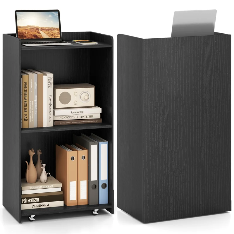 Rolling Podium Stand, 2 Shelves, Lockable Wheels, Black