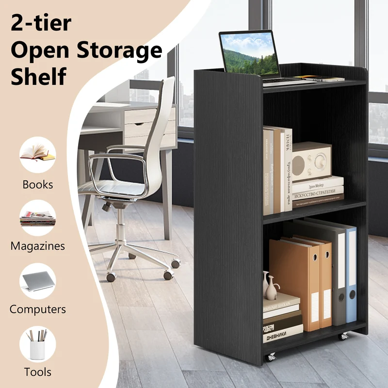 Rolling Podium Stand, 2 Shelves, Lockable Wheels, Black