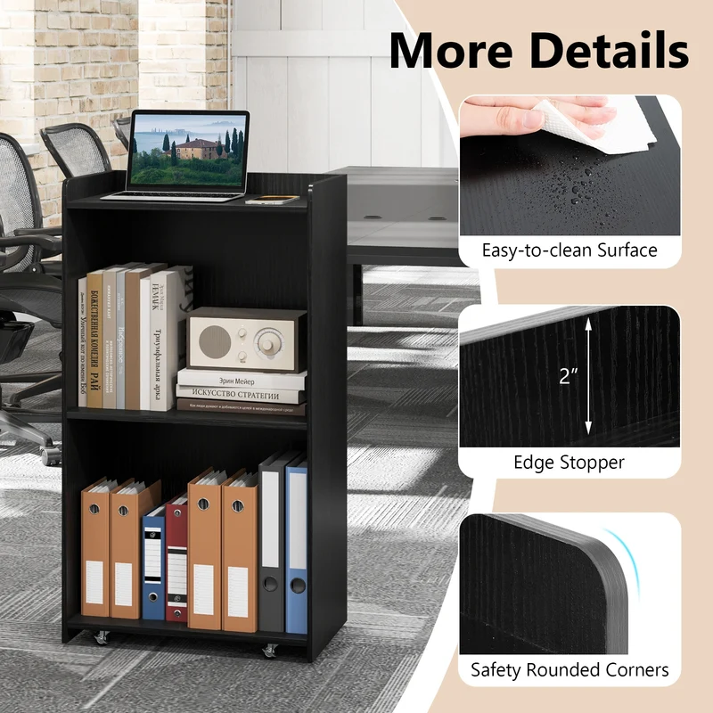 Rolling Podium Stand, 2 Shelves, Lockable Wheels, Black