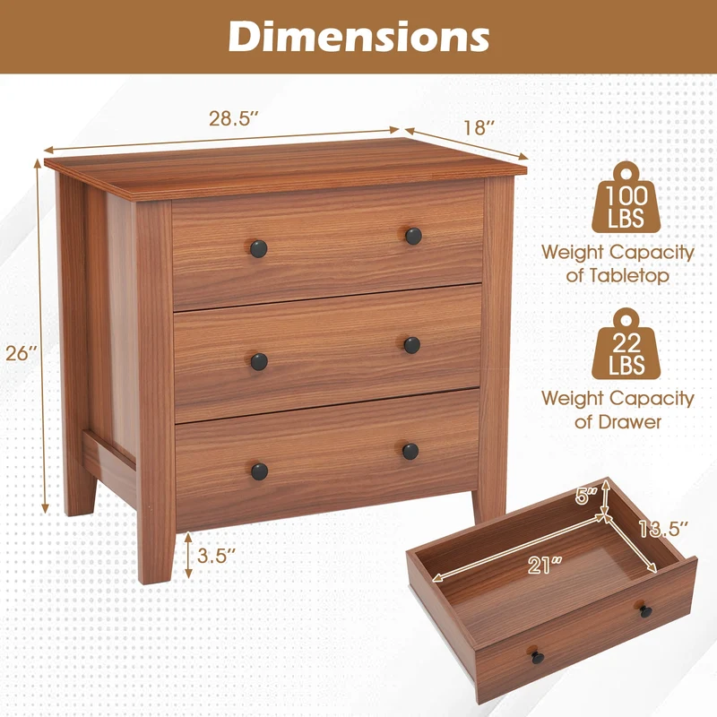 3 Drawer Dresser Chest, Walnut
