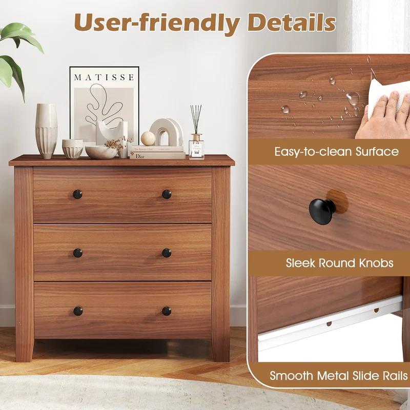 3 Drawer Dresser Chest, Walnut