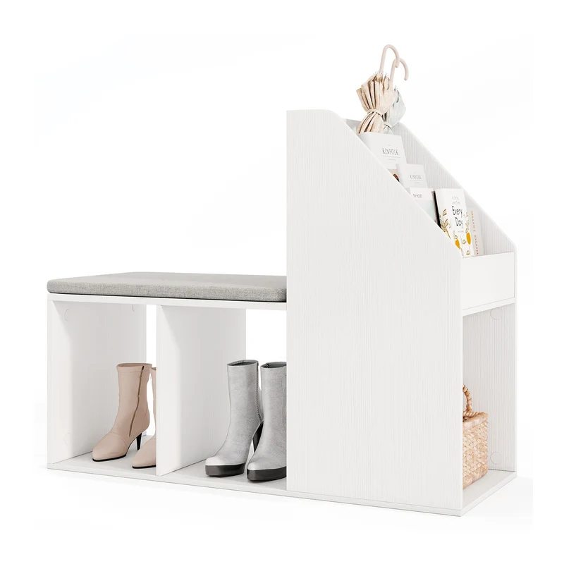 Shoe Storage Bench, Removable Seat Cushion, 6 Compartments, White
