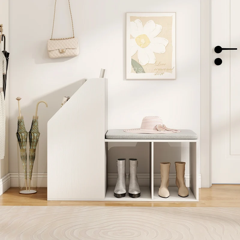 Shoe Storage Bench, Removable Seat Cushion, 6 Compartments, White