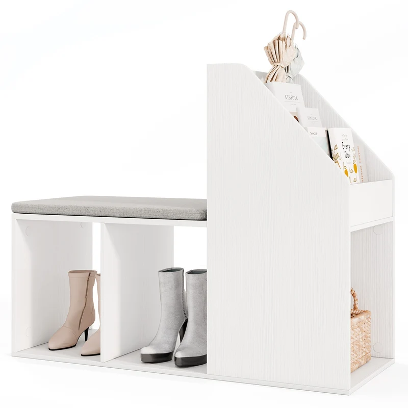 Shoe Storage Bench, Removable Seat Cushion, 6 Compartments, White