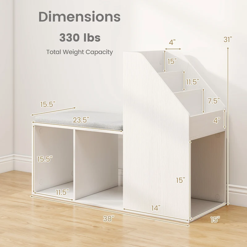 Shoe Storage Bench, Removable Seat Cushion, 6 Compartments, White