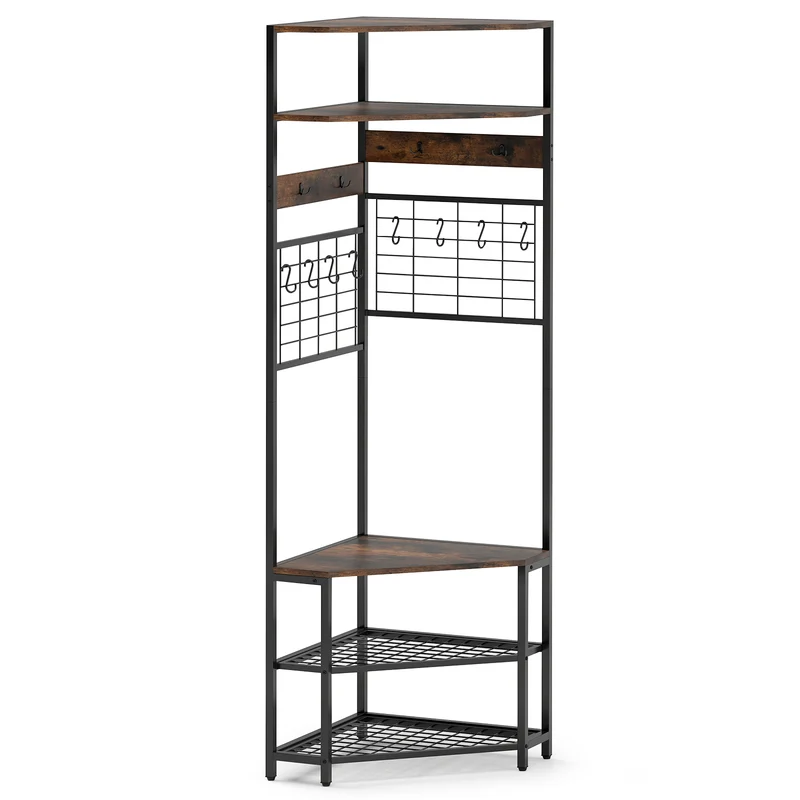 5-Tier Corner Hall Tree, Shoe Storage Bench, Brown
