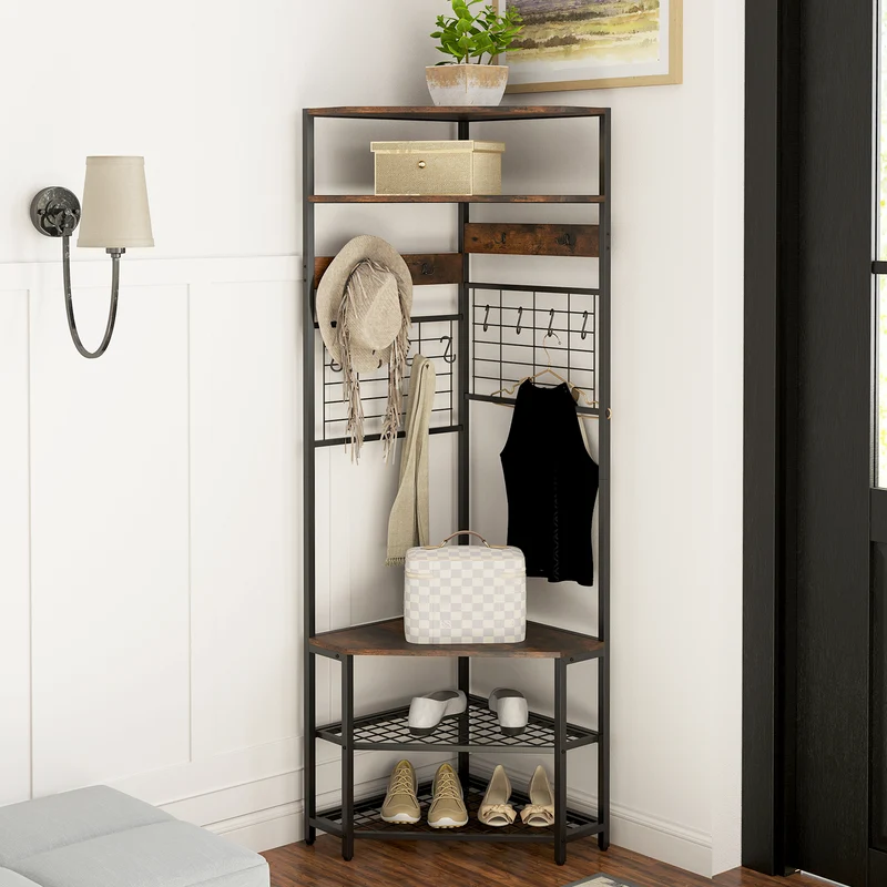 5-Tier Corner Hall Tree, Shoe Storage Bench, Brown