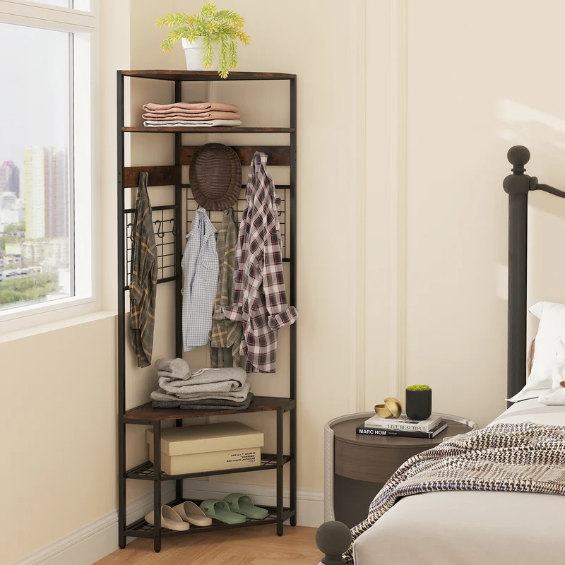 5-Tier Corner Hall Tree, Shoe Storage Bench, Brown