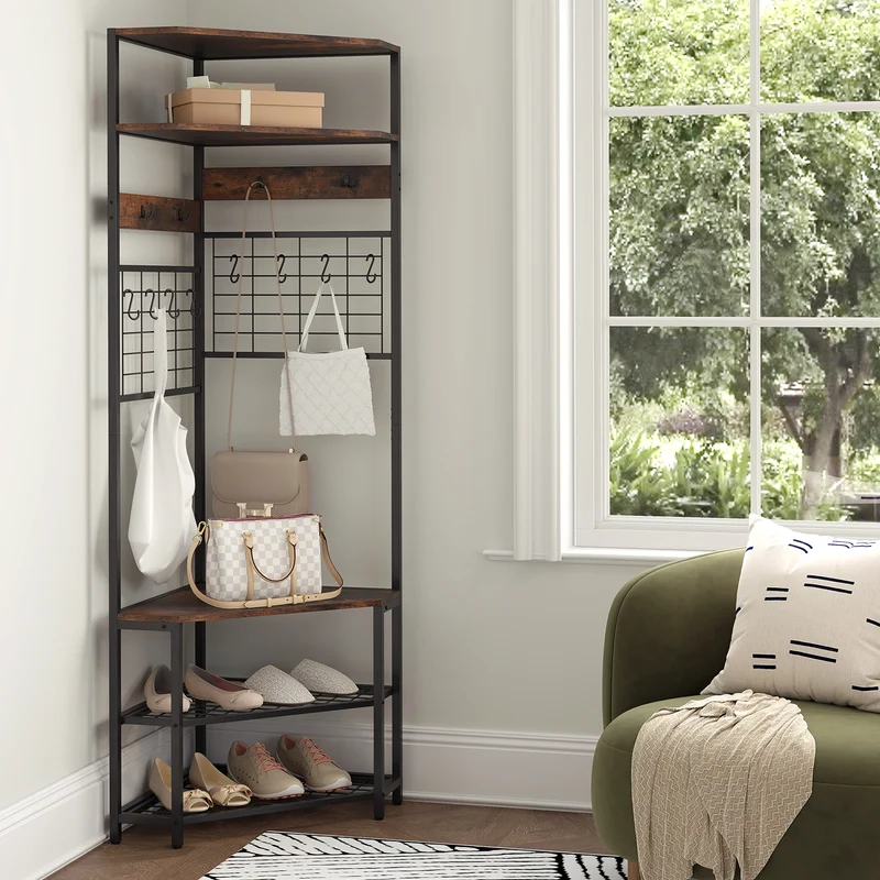 5-Tier Corner Hall Tree, Shoe Storage Bench, Brown