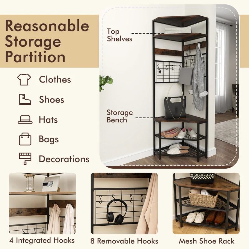 5-Tier Corner Hall Tree, Shoe Storage Bench, Brown