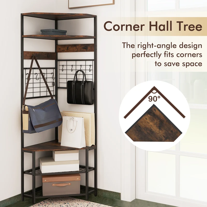 5-Tier Corner Hall Tree, Shoe Storage Bench, Brown