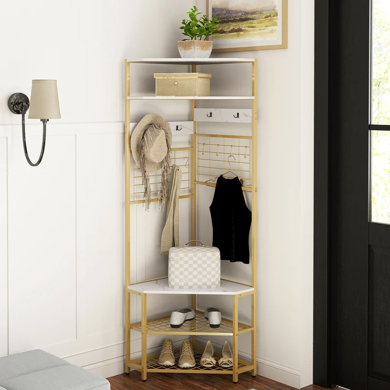 5-Tier Corner Hall Tree, Shoe Storage Bench, White