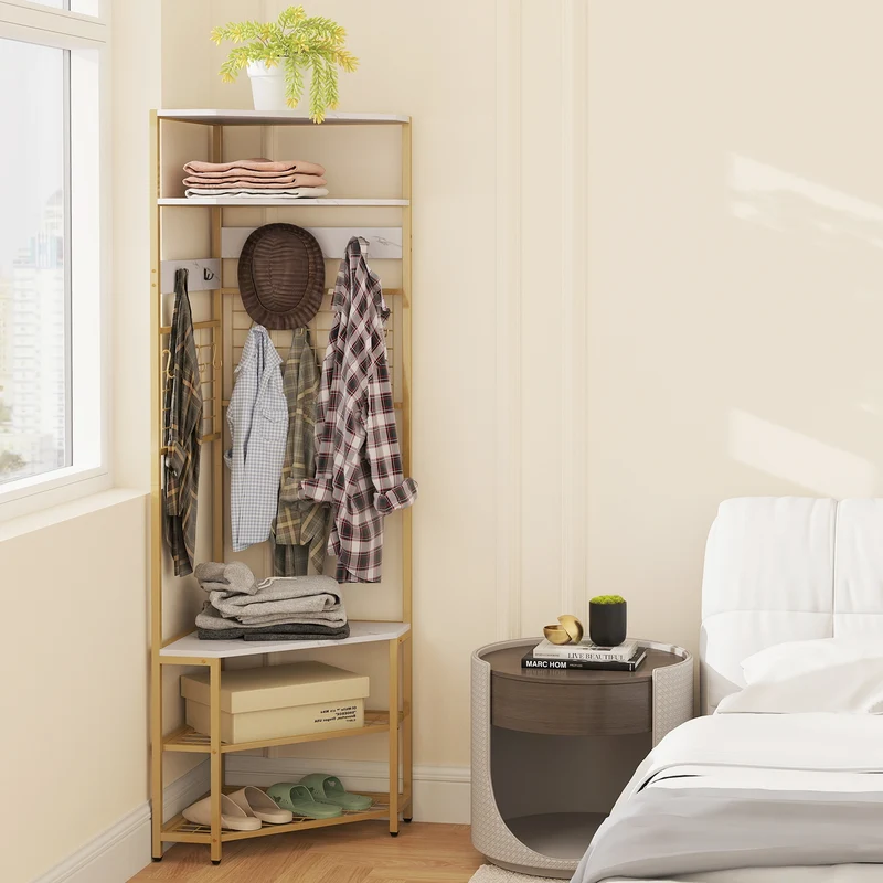 5-Tier Corner Hall Tree, Shoe Storage Bench, White