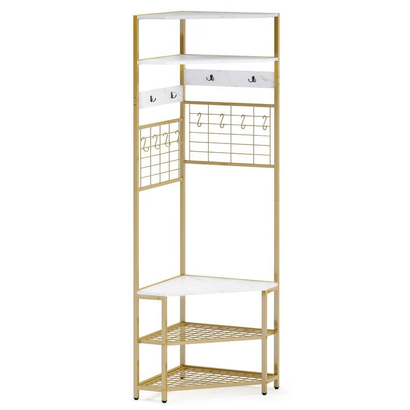 5-Tier Corner Hall Tree, Shoe Storage Bench, White