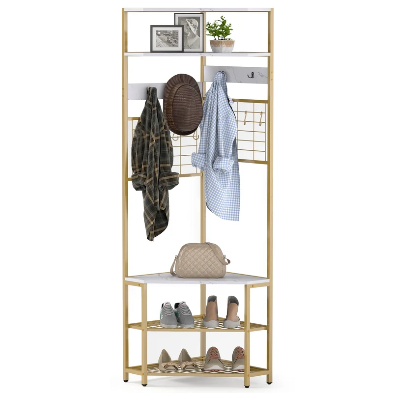 5-Tier Corner Hall Tree, Shoe Storage Bench, White