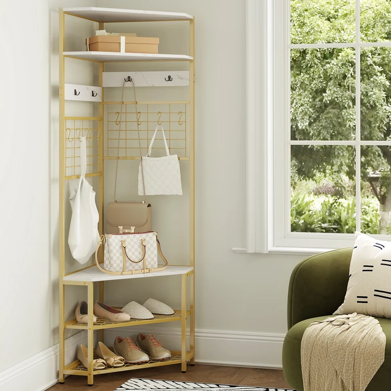 5-Tier Corner Hall Tree, Shoe Storage Bench, White