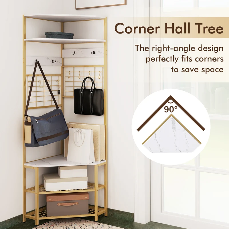 5-Tier Corner Hall Tree, Shoe Storage Bench, White