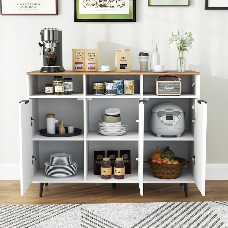 Sideboard Buffet Cabinet, 5-Position Adjustable Shelves, White
