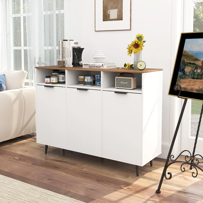 Sideboard Buffet Cabinet, 5-Position Adjustable Shelves, White