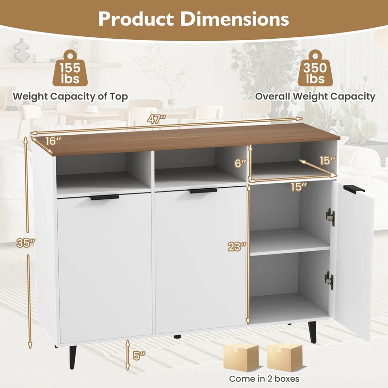 Sideboard Buffet Cabinet, 5-Position Adjustable Shelves, White