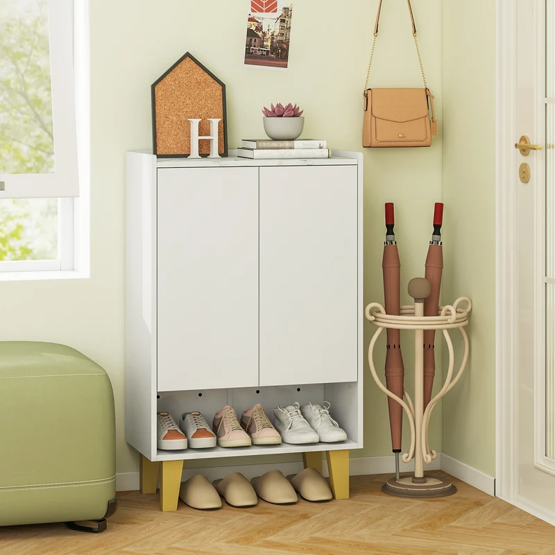 5-Tier Shoe Cabinet, Faux Marble Countertop, White