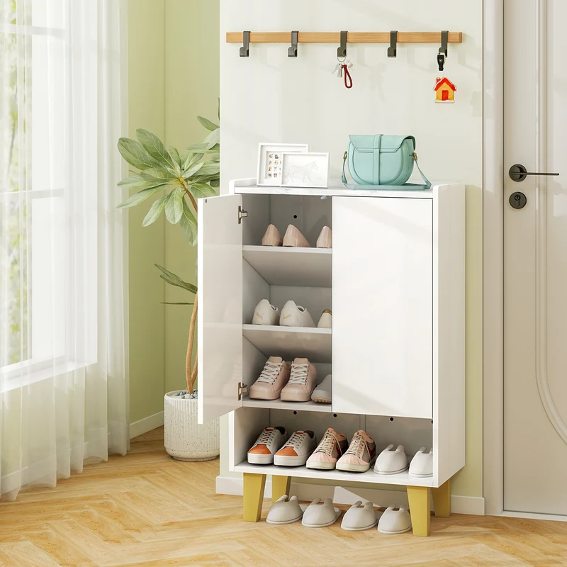 5-Tier Shoe Cabinet, Faux Marble Countertop, White