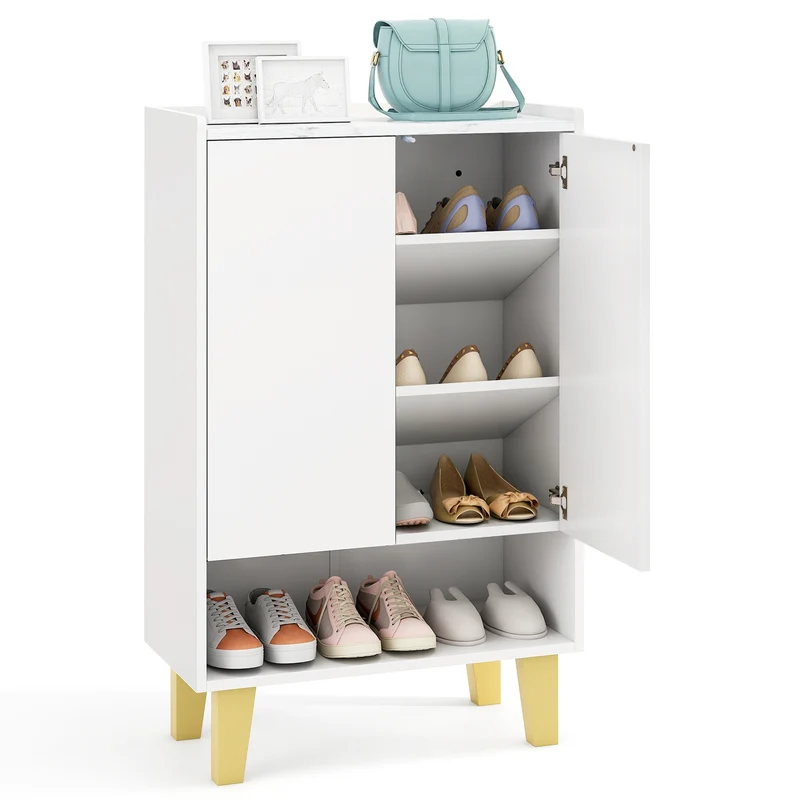 5-Tier Shoe Cabinet, Faux Marble Countertop, White