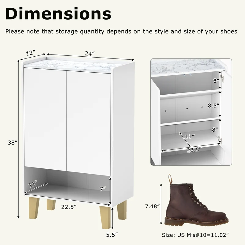 5-Tier Shoe Cabinet, Faux Marble Countertop, White