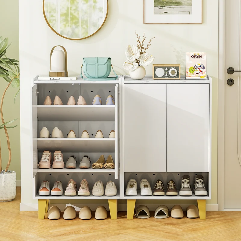 5-Tier Shoe Cabinet, Faux Marble Countertop, White