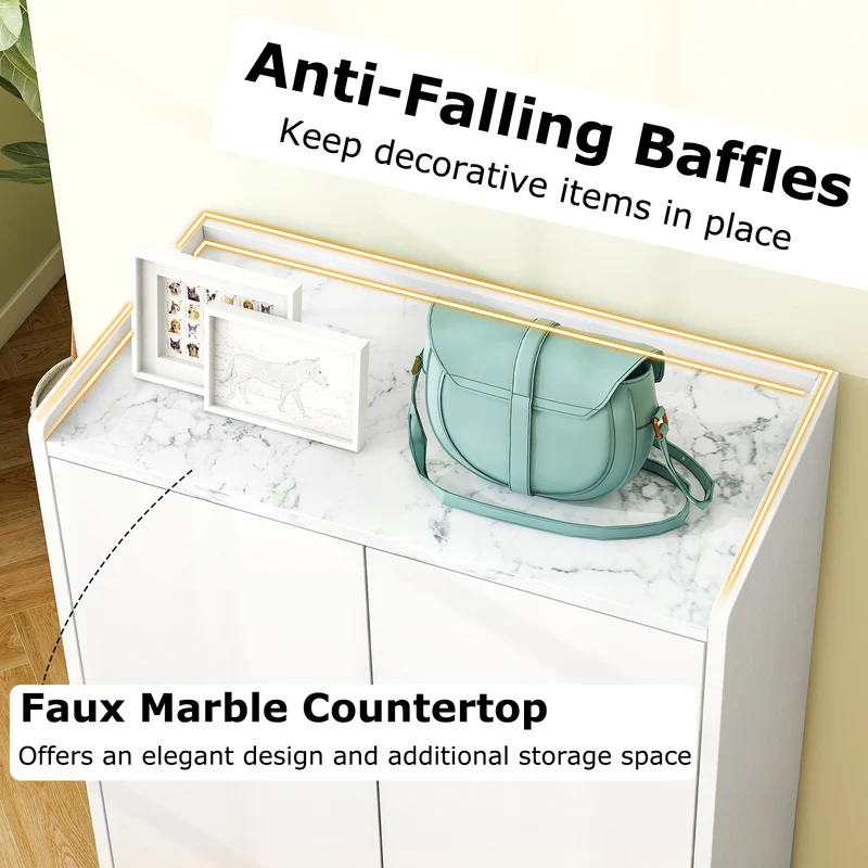 5-Tier Shoe Cabinet, Faux Marble Countertop, White