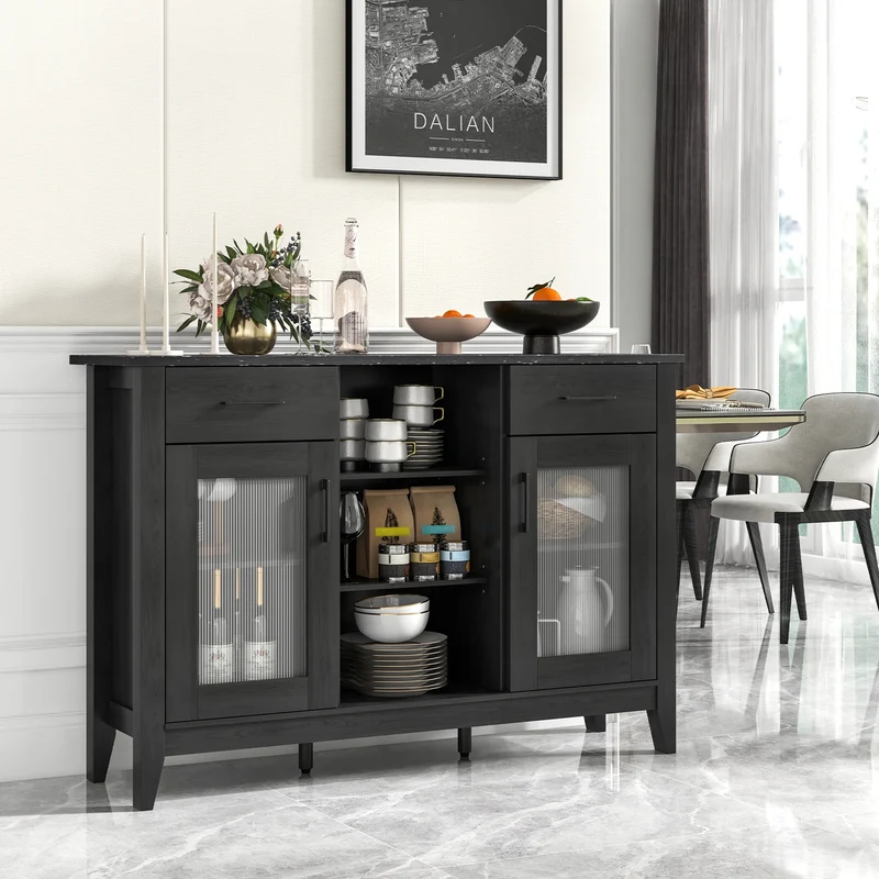 Sideboard Buffet Cabinet, 2 Drawers, 4 Adjustable Shelves, Black
