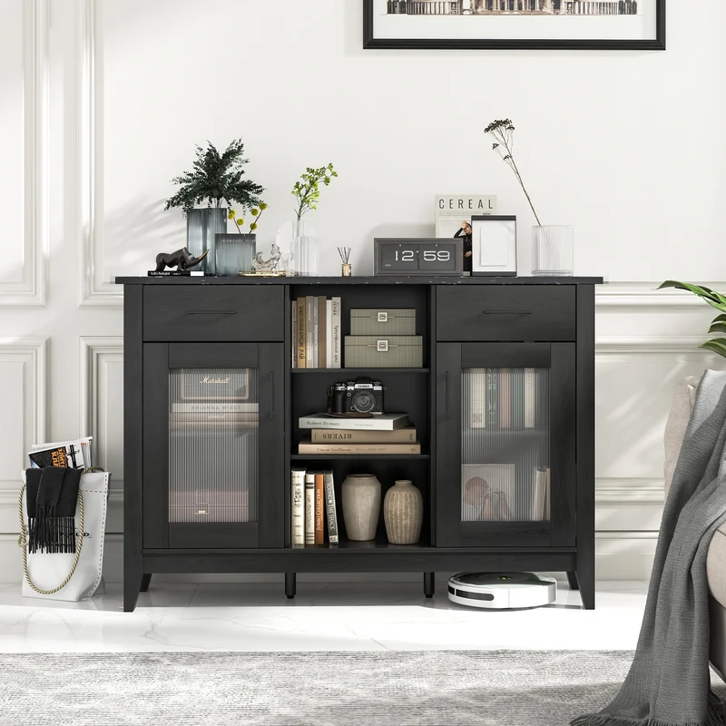 Sideboard Buffet Cabinet, 2 Drawers, 4 Adjustable Shelves, Black