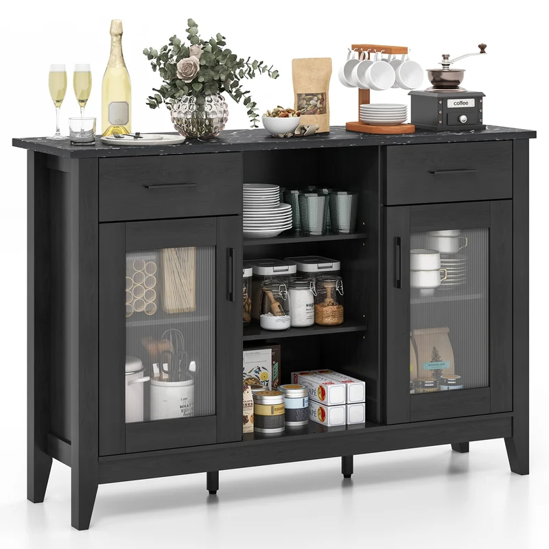 Sideboard Buffet Cabinet, 2 Drawers, 4 Adjustable Shelves, Black