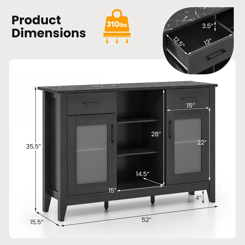 Sideboard Buffet Cabinet, 2 Drawers, 4 Adjustable Shelves, Black