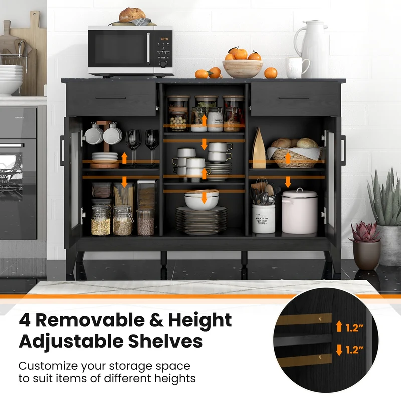 Sideboard Buffet Cabinet, 2 Drawers, 4 Adjustable Shelves, Black