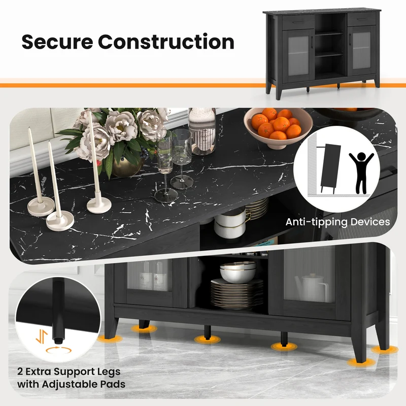 Sideboard Buffet Cabinet, 2 Drawers, 4 Adjustable Shelves, Black