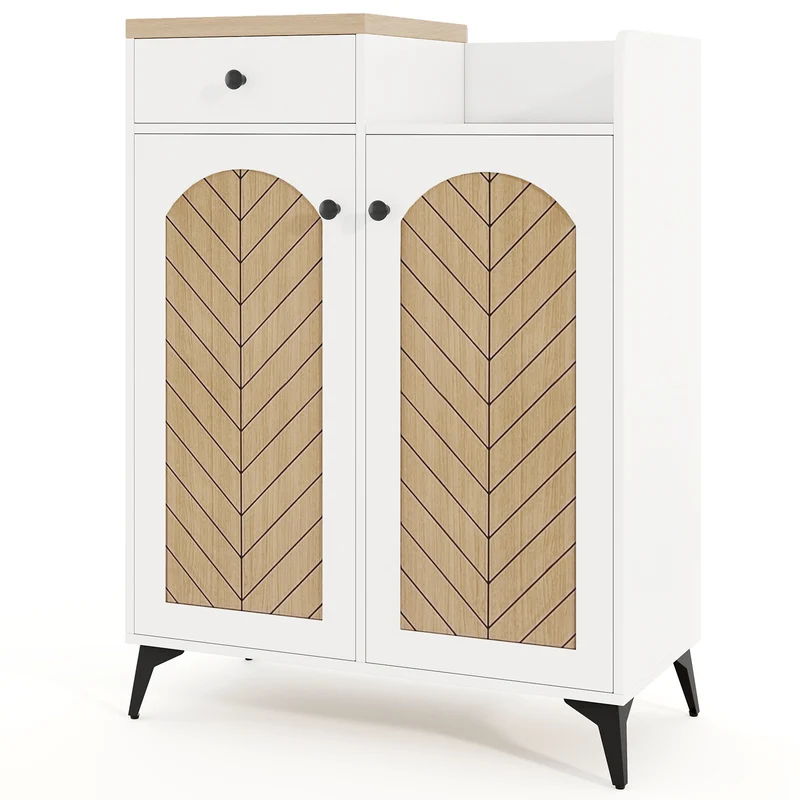 2-Door Shoe Rack Organizer with Drawer and 6 Removable Shelves, White