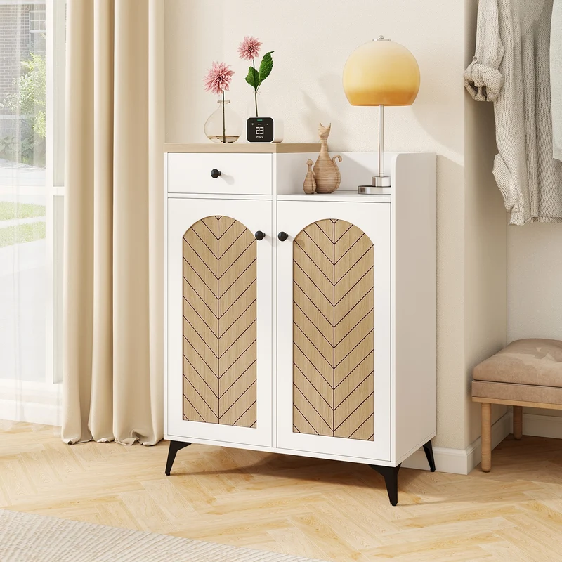 2-Door Shoe Rack Organizer with Drawer and 6 Removable Shelves, White