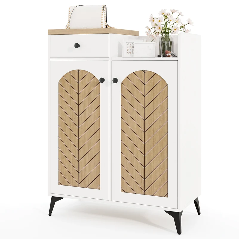 2-Door Shoe Rack Organizer with Drawer and 6 Removable Shelves, White