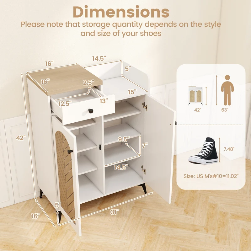 2-Door Shoe Rack Organizer with Drawer and 6 Removable Shelves, White