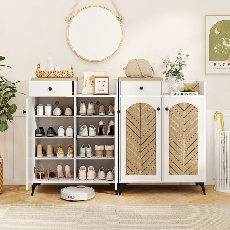 2-Door Shoe Rack Organizer with Drawer and 6 Removable Shelves, White