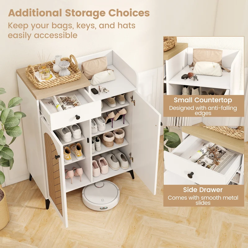 2-Door Shoe Rack Organizer with Drawer and 6 Removable Shelves, White