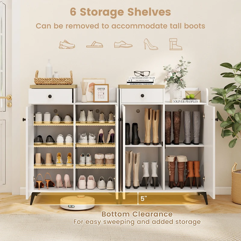 2-Door Shoe Rack Organizer with Drawer and 6 Removable Shelves, White