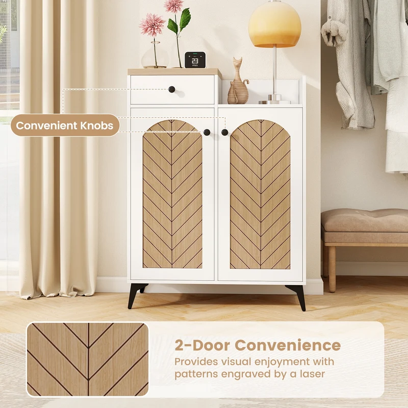 2-Door Shoe Rack Organizer with Drawer and 6 Removable Shelves, White