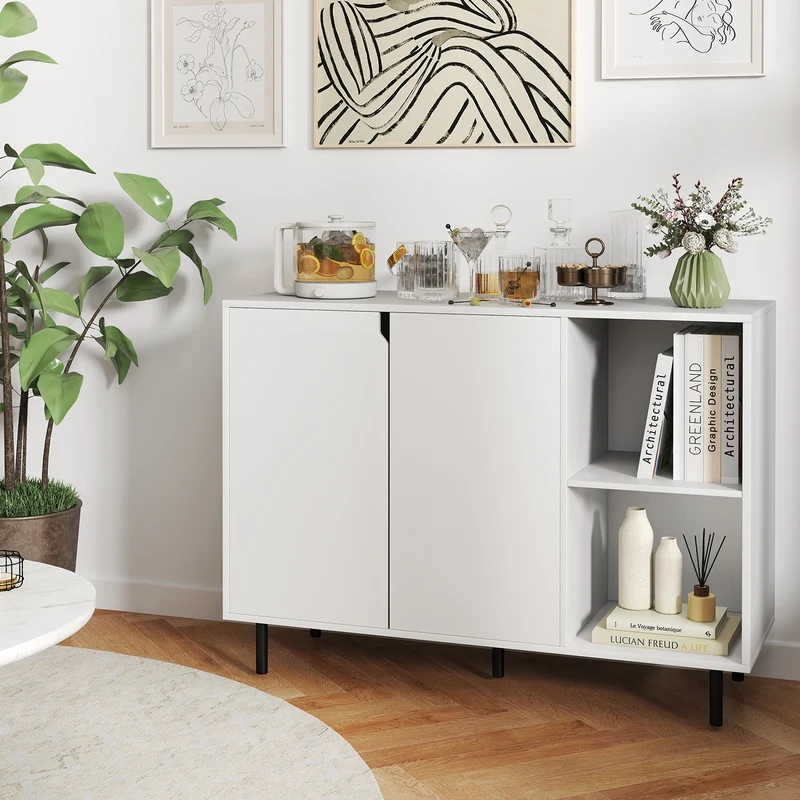 42 Inch Sideboard Buffet Cabinet, Adjustable Shelves, White