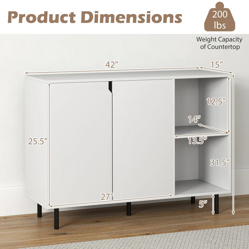 42 Inch Sideboard Buffet Cabinet, Adjustable Shelves, White