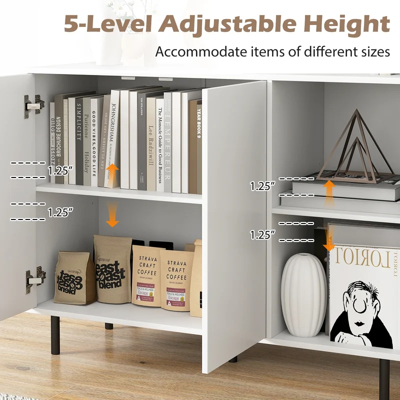 42 Inch Sideboard Buffet Cabinet, Adjustable Shelves, White