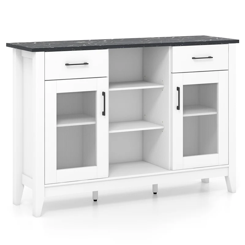 Sideboard Buffet Cabinet, 2 Drawers, 4 Adjustable Shelves, White