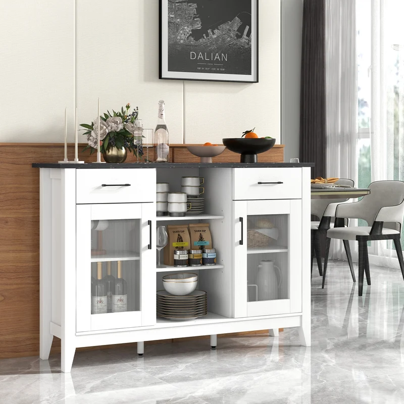 Sideboard Buffet Cabinet, 2 Drawers, 4 Adjustable Shelves, White