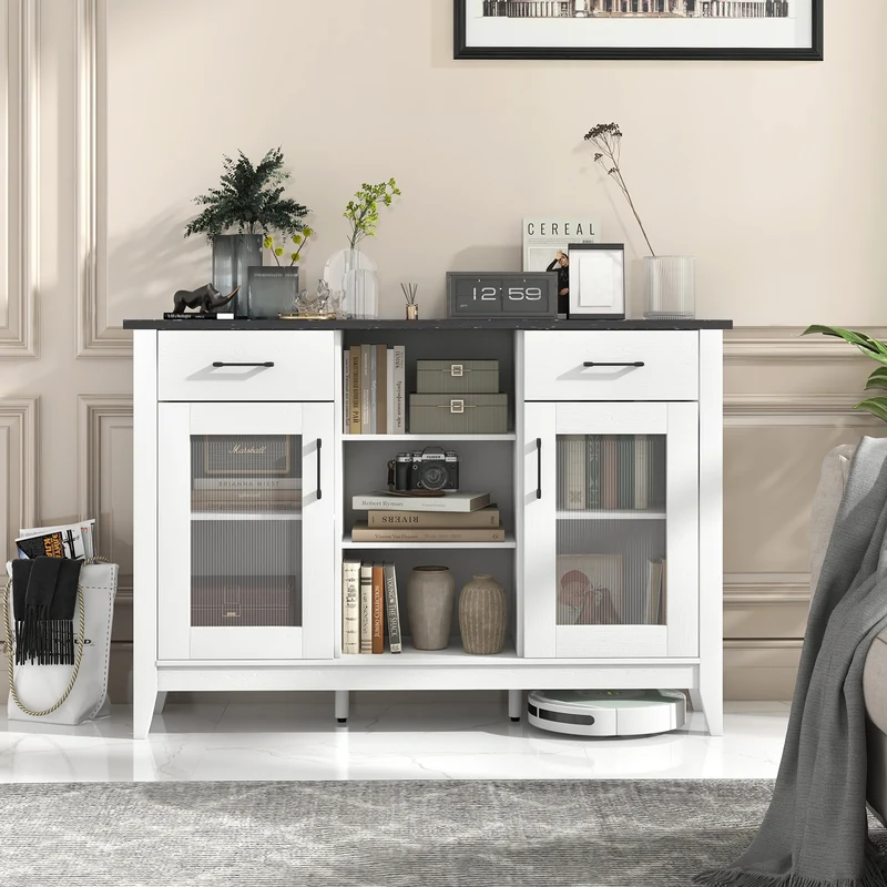 Sideboard Buffet Cabinet, 2 Drawers, 4 Adjustable Shelves, White